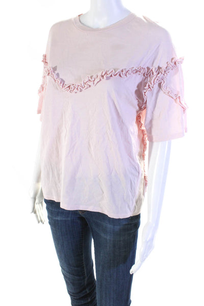 Maje Womens Cotton Ruffled Short Sleeve Round Neck Pullover Top Pink Size 3