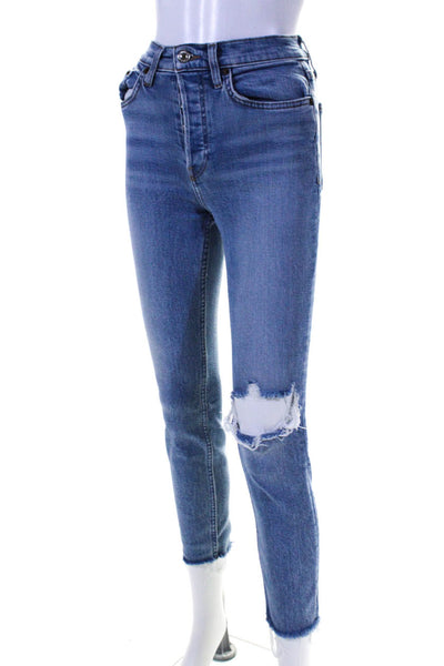 Redone Womens High Waist Button Fly Distressed Skinny Jeans Light Blue Size 24