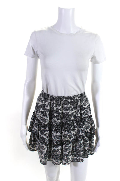 Scoop NYC Womens Elastic Waistband Tiered Floral Silk Skirt White Black Petite