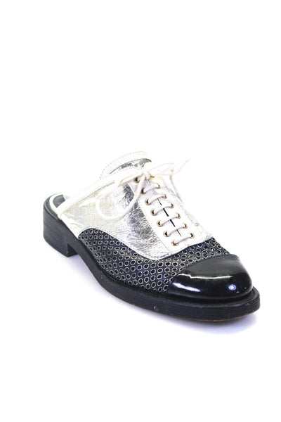 Chanel Womens Metallic Cap Toe Perforated Mules Black Silver Leather Size 38