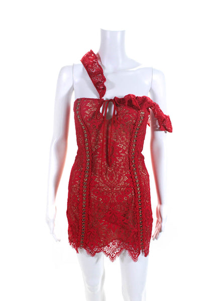 Majorelle Women's Sleeveless Asymmetrical Strap Lace Mini Dress Red Size XS