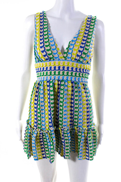 Ramy Brook Womens Knit Surplice Mini A Line Dress Ivory Blue Green Size XXS
