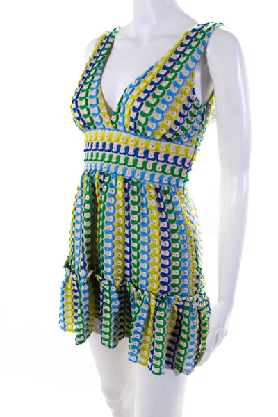 Ramy Brook Womens Knit Surplice Mini A Line Dress Ivory Blue Green Size XXS