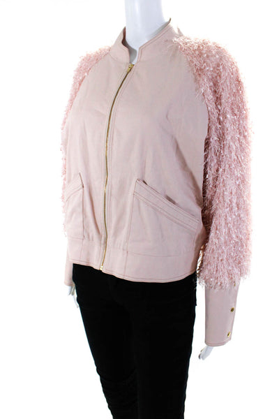 Aysha Womens Fuzzy Sleeve High Neck Full Zip Jacket Light Pink Size Medium