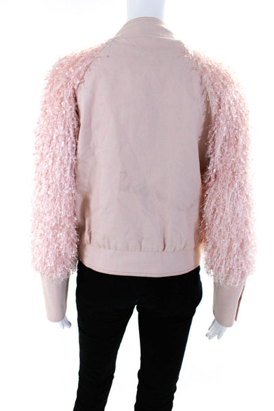 Aysha Womens Fuzzy Sleeve High Neck Full Zip Jacket Light Pink Size Medium