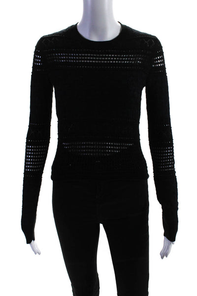10 Crosby Derek Lam Womens Open Knit Round Neck Pullover Sweater Black Size XS