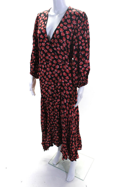 Ganni Womens Floral Print Long Sleeves A Line Wrap Dress Black Red Size EUR 40