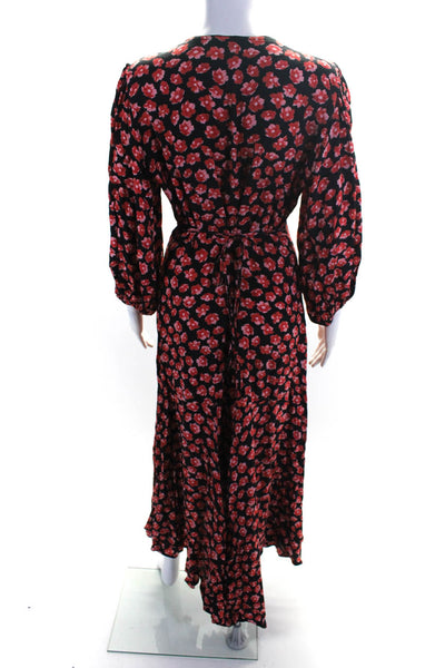 Ganni Womens Floral Print Long Sleeves A Line Wrap Dress Black Red Size EUR 40