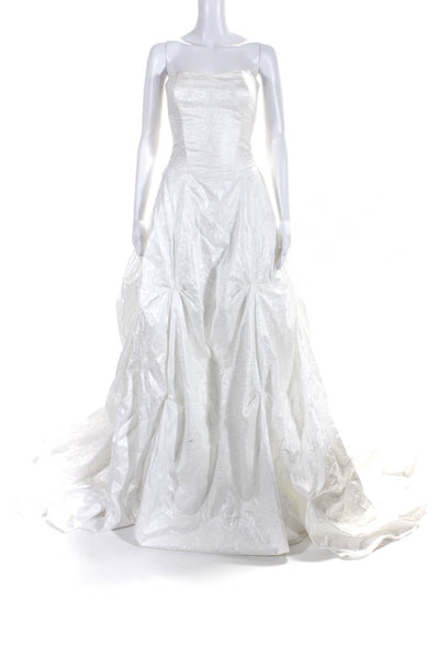 Designer Womens Abstract Zipped Sleeveless Pleated Wedding Gown White Size S