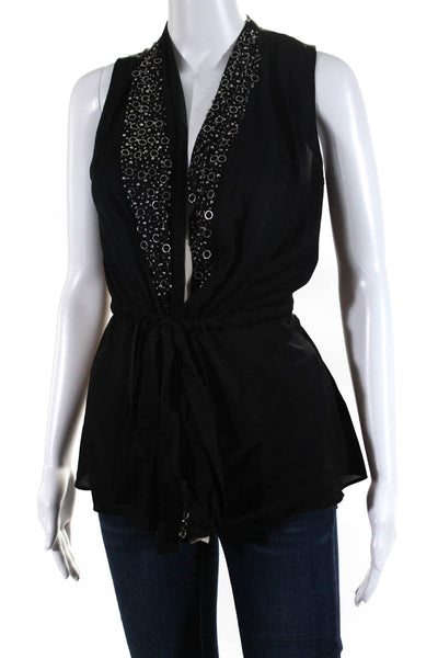 Robert Rodriguez Womens Textured Embroider Chain Front Slit Blouse Black Size 2