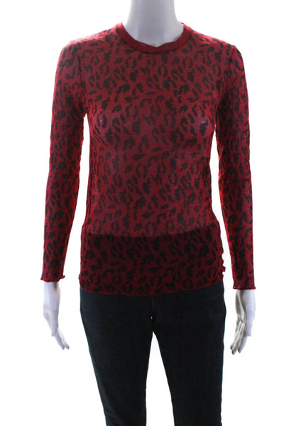 Aries Womens Red Leopard Print Sheer Crew Neck Long Sleeve Blouse Top Size 3
