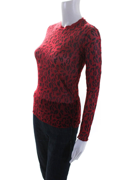 Aries Womens Red Leopard Print Sheer Crew Neck Long Sleeve Blouse Top Size 3