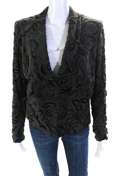 Armani Collezioni Womens Collared V Neck Velvet Printed Jacket Gray Size 8