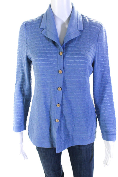 St. John Collection Women's Button Down Long Sleeve Knit Blouse Blue Size 4