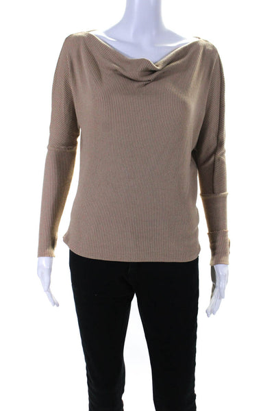 Enza Costa Womens Ribbed Knit Cowl Neck Long Sleeve Top Light Brown Size S