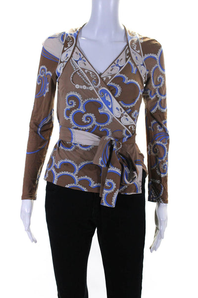 Emilio Pucci Womens Jersey Knit Abstract Printed Wrap Top Blouse Brown Size 6