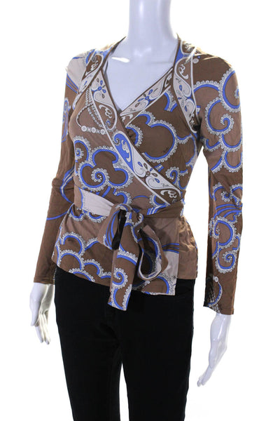 Emilio Pucci Womens Jersey Knit Abstract Printed Wrap Top Blouse Brown Size 6