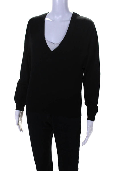 Theory Womens Merino Wool Knit V-Neck Long Sleeve Sweater Top Black Size P