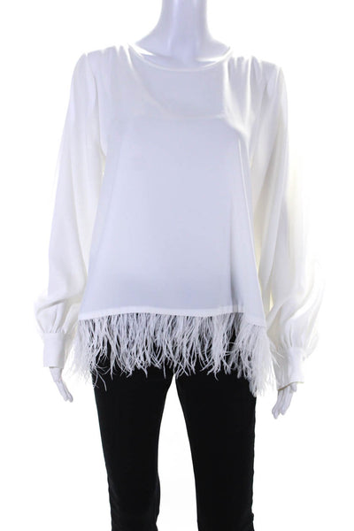 Elie Tahari Womens Crepe Feather Crew Neck Long Sleeve Blouse Top White Size L