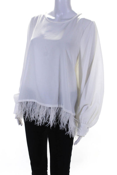 Elie Tahari Womens Crepe Feather Crew Neck Long Sleeve Blouse Top White Size L