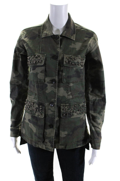 Design Lab Womens Studded Camouflage Button Up Jacket Green Brown Size XS