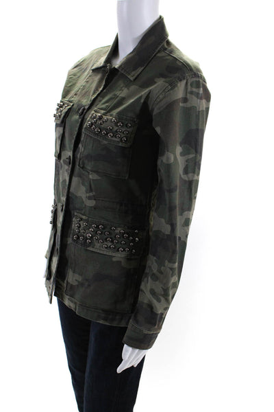 Design Lab Womens Studded Camouflage Button Up Jacket Green Brown Size XS
