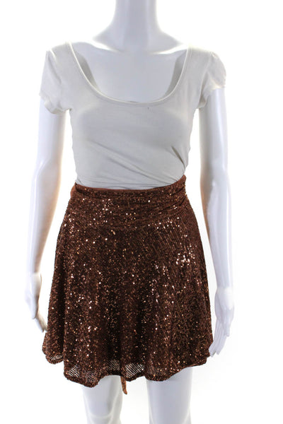 Free People Womens Sequined Jersey Mini Wrap Skirt Brown Size Small