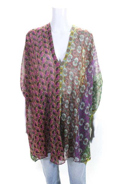 Zara Womens 3/4 Sleeve V Neck Oversized High Low Printed Top Multicolored Medium