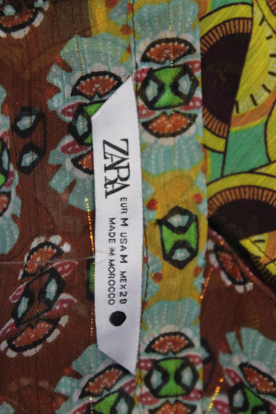 Zara Womens 3/4 Sleeve V Neck Oversized High Low Printed Top Multicolored Medium