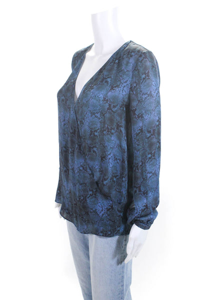 Haute Hippie Womens Silk Crepe Snakeskin Printed V-Neck Blouse Top Bleu Size XS