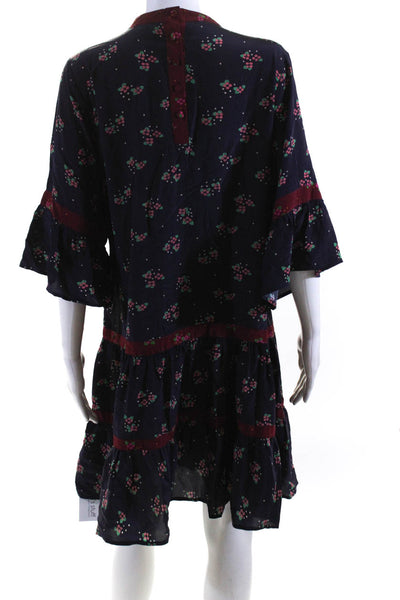 Warm Womens Silk Floral Print Short Sleeves A Line Dress Purple Size Small