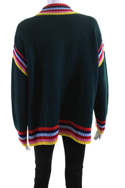 Mira Mikati Womens Striped Trim Long Sleeves Turtleneck Sweater Green Wool Size