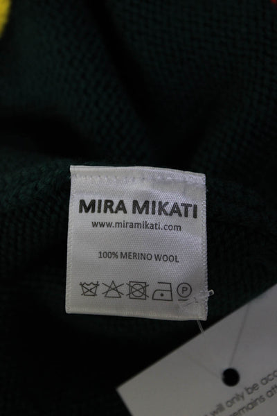 Mira Mikati Womens Striped Trim Long Sleeves Turtleneck Sweater Green Wool Size