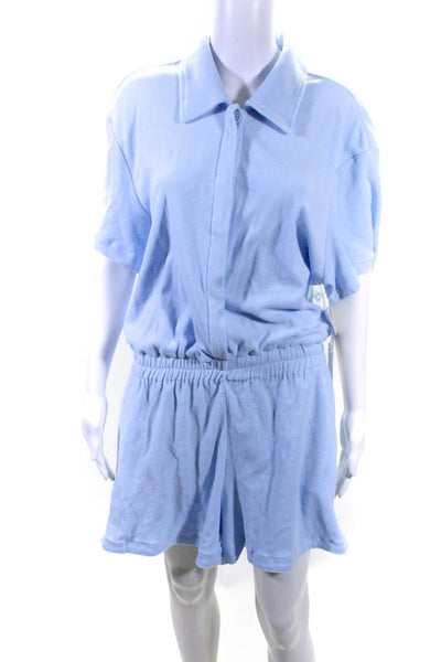Good American Womens Cotton Collared Short Sleeve Button-Up Romper Blue Size 3