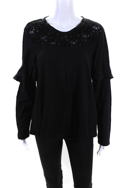 Wilt Womens Cotton Lace Ruffled Long Sleeve Round Neck Blouse Top Black Size M