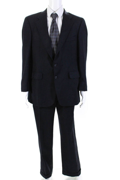 Donald Brooks Mens Striped Buttoned Collared Blazer Pants Set Navy Size EUR44