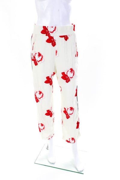 Ganni Womens Mid Rise Elastic Waist Rose Print Slim Pants Red White Size FR 36