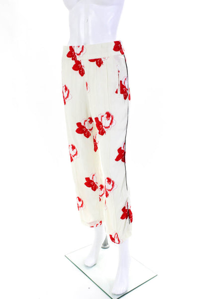 Ganni Womens Mid Rise Elastic Waist Rose Print Slim Pants Red White Size FR 36