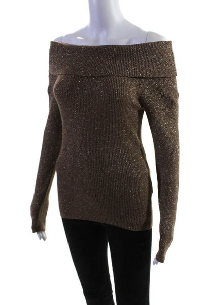 Parosh Womens Wool Glitter Print Rib Cowl Neck Long Sleeve Blouse Brown Size S