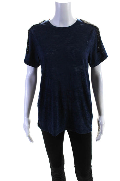 Torn by Ronny Kobo Womens Beaded Fringe Burnout Tee Shirt Blouse Blue Size XS