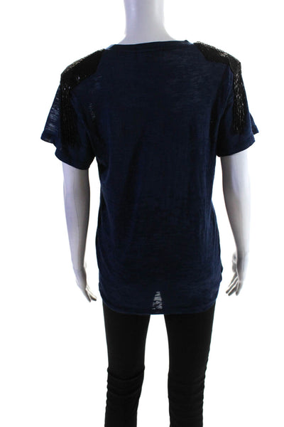 Torn by Ronny Kobo Womens Beaded Fringe Burnout Tee Shirt Blouse Blue Size XS