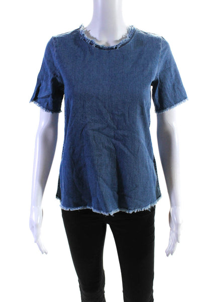 Wilfred Free Womens Frayed Denim Crew Neck Short Sleeve Top Blouse Blue Size XS