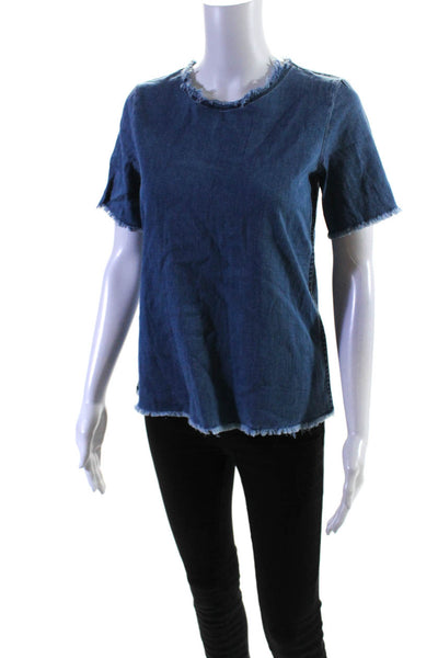 Wilfred Free Womens Frayed Denim Crew Neck Short Sleeve Top Blouse Blue Size XS