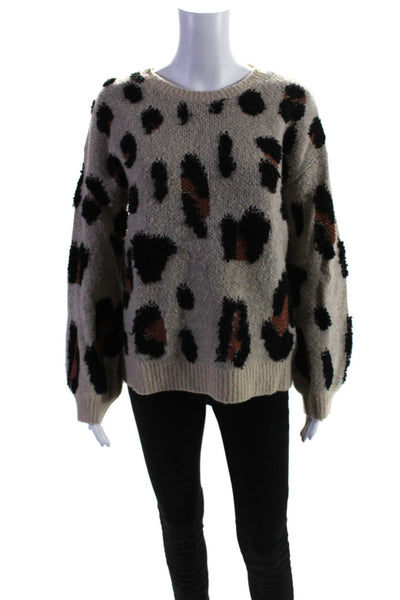 Storia Womens Leopard Print Intarsia Crew Neck Sweater Beige Black Size Small