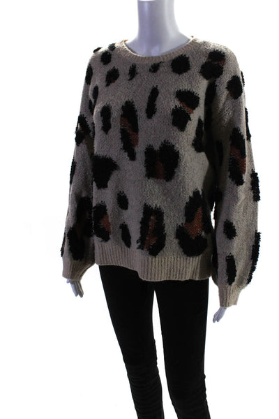 Storia Womens Leopard Print Intarsia Crew Neck Sweater Beige Black Size Small