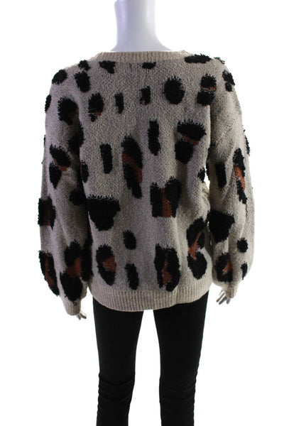 Storia Womens Leopard Print Intarsia Crew Neck Sweater Beige Black Size Small