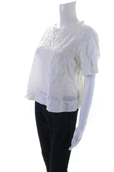 Amo Womens Cotton Eyelet Detail Round Neck Short Sleeve Blouse Top White Size L