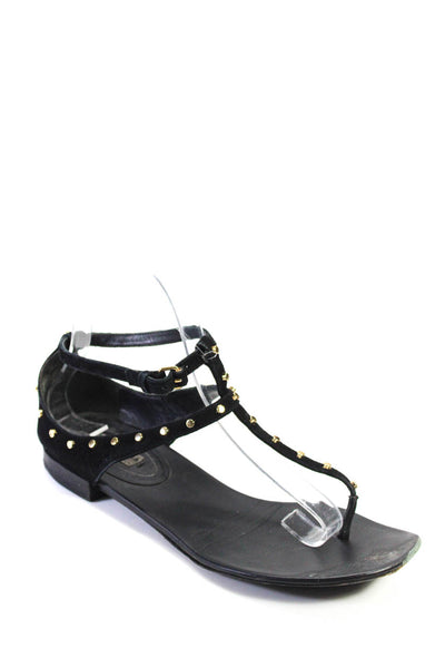 Balenciaga Womens Black Studded T-Strap Ankle Strap Flats Sandals Shoes Size 7