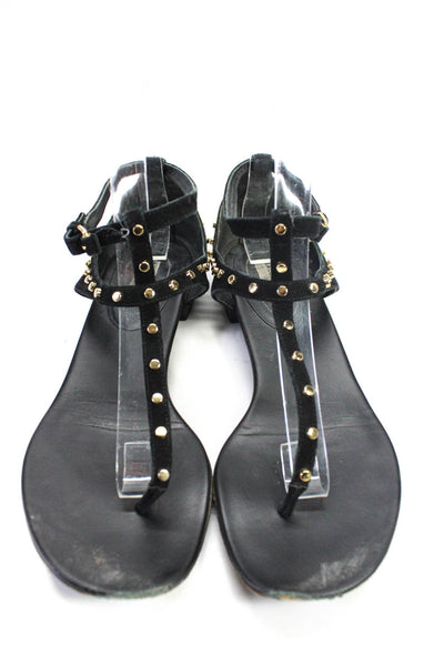 Balenciaga Womens Black Studded T-Strap Ankle Strap Flats Sandals Shoes Size 7
