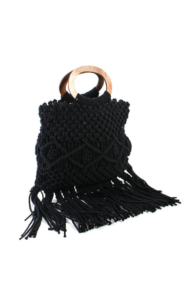Danielle Nicole Womens Double Wood Handle Crochet Knit Fringe Handbag Black